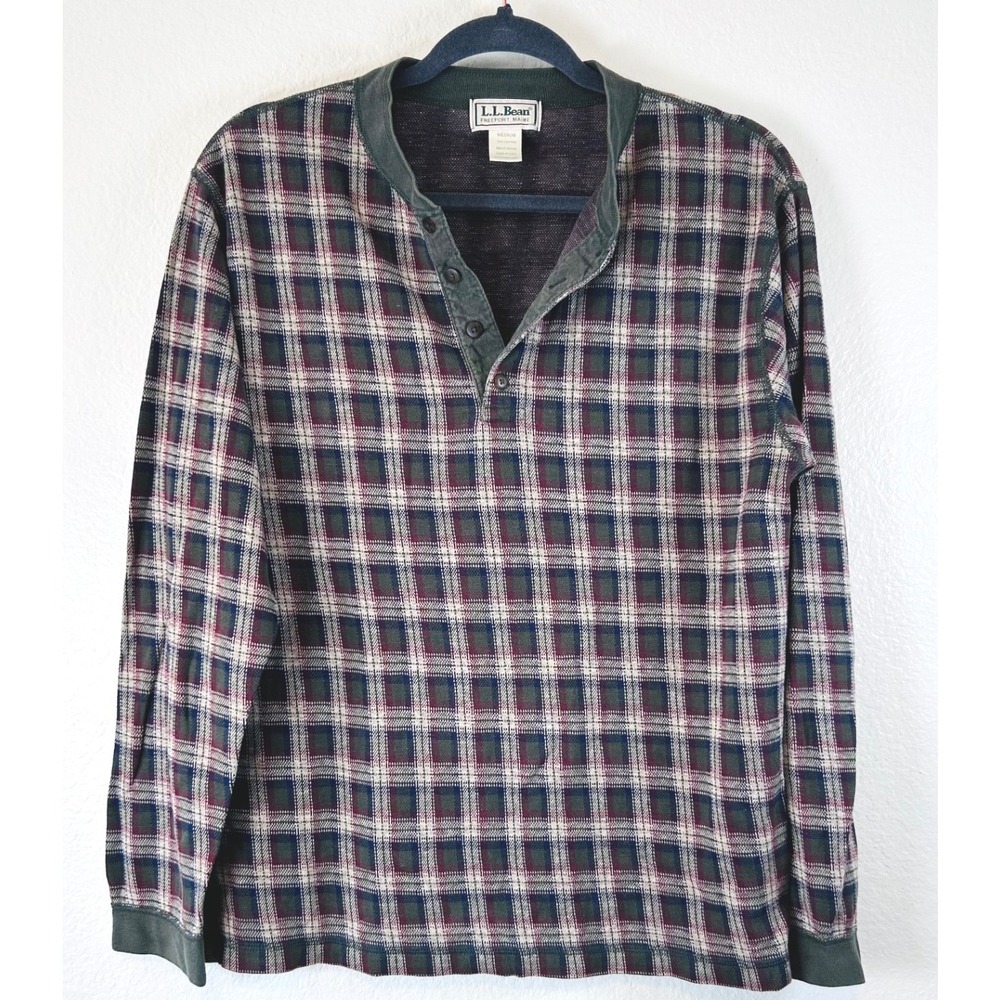 LL Bean Outdoor Plaid Henley Shirt Medium Green Burgundy Long Sleeve USA SS M